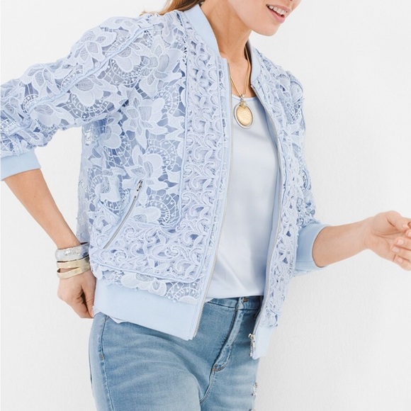 Women’s Chico’s LACK LABEL Lace Bomber Jacket Size 1 Medium - Picture 2 of 8